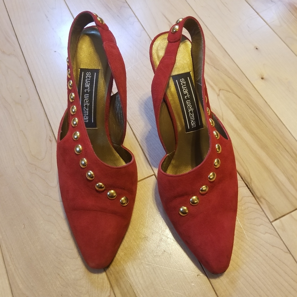Stuart Weitzman vintage red suede heels w gold 6.5